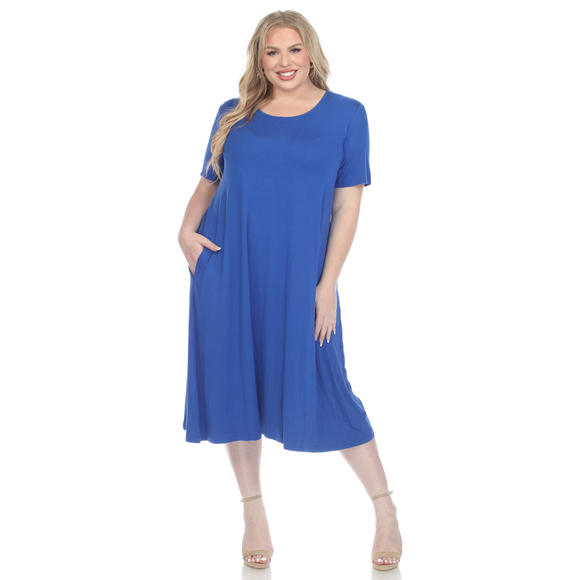 Plus Size Short Sleeve Pocket Swing Midi Dress - Picture 1 of 5
